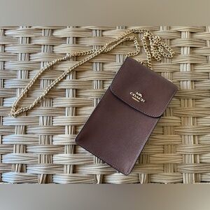 Coach Brown Phone Crossbody with Gold Chain and Card Slots - Used Once